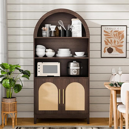 63" Tall Arched Pantry Cabinet with Doors, 5-Tier Arched Bookcase with Adjustable Shelves, Wood Storage Cabinet for Kitchen, Living Room, Office, Walnut