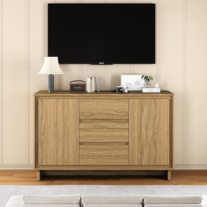 RoyalCraft Buffet Cabinet with Storage, Coffee Bar Cabinet with 3 Drawers and 2 Doors, Framed Edge Design, Modern Sideboard for Kitchen, Living Room and Dining Room, Natural