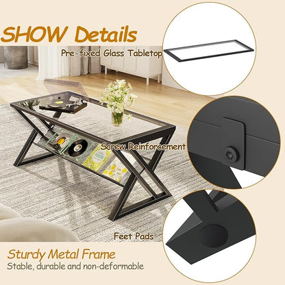 Wolawu Glass Coffee Table Living Room Table with Storage Shelf, Black Glass Table Simple Modern Rectangular Tables with Sturdy Black Metal Frame,Industrial Glass Coffee Table for Bedroom Home Office