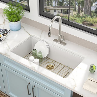 30"x19" Granite Composite Kitchen Sink - White Undermount Ledge Workstation Quartz Classic Under Counter Single Bowl Sink Basin with Gold Accessories