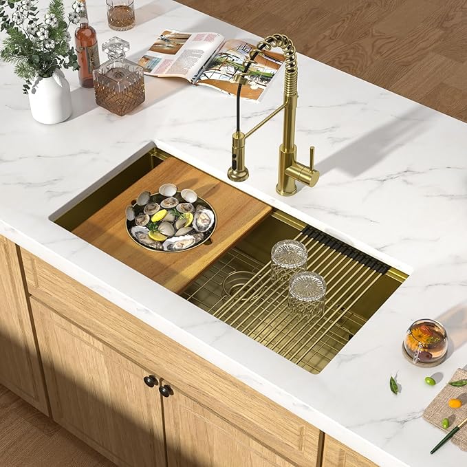 36 Gold Undermount Kitchen Sink - Workstation All-In One 16 Gauge Stainless Steel Single Bowl Handmade Large Sink for Kitchen with Mixing Board and Pasta Strainer #TLU-0050