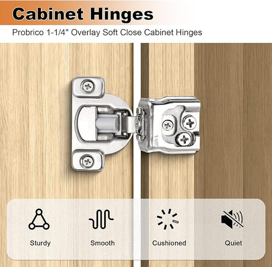 Probrico 60 Pack 30 Pair 1-1/4 inch Overlay Soft Close Cabinet Hinges Hidden Door Hinge for Kitchen Cabinet Hinges Concealed Self Closing Face Frame for Cupboard, Wardrobe, 105 Degree Opening Angel