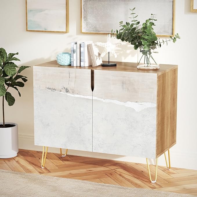SIGNWIN Sideboard Buffet Cabinet, Kitchen Storage Cabinet with 2 Doors, Grunge Industrial Gray Landscape, Cupboard Console Table for Dining Room - 35" L x 18" W x 29" H