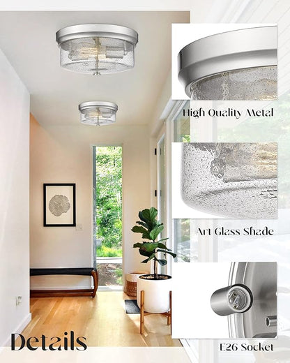 12inch Flush Mount Ceiling Light, Close to Ceiling Light Fixtures, Brushed Nickel Finish with Handmade Seeded Smoky Art Glass Shade for Living Bedroom Room Hallway