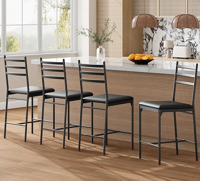 Garvee Bar Stools Set of 4, Counter Height Bar Chairs with Back and Thick Cushion, Upholstered Dining Chairs with Padded Seat, Barstools for Kitchen Island, Bar, Dining Room, Retro Black