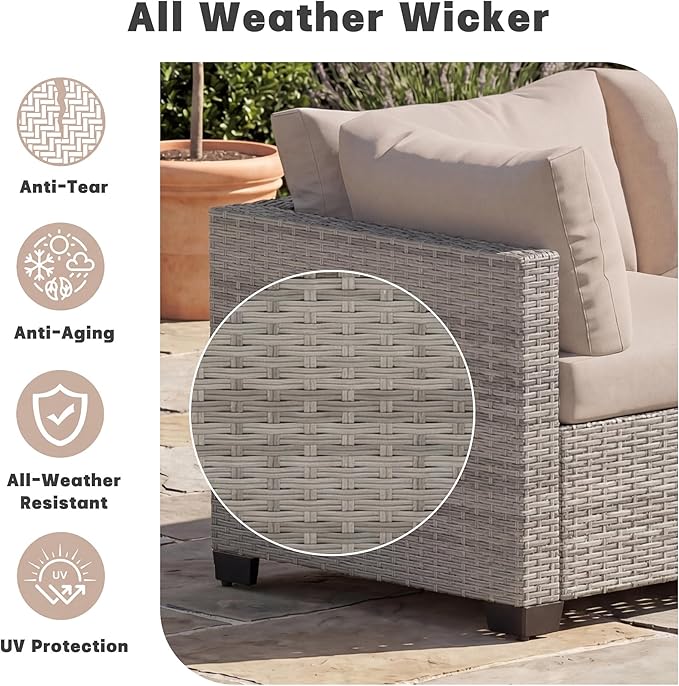Patio Furniture Set, 7-Piece Outdoor Sectional Couch with Coffee Table & Thick Cushions, Outdoor Wicker Conversation Set for Backyard, Poolside, Garden (Grey White-White, 7 Piece-Single)