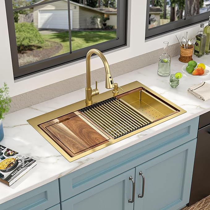 33"x19" Drop In Workstation Kitchen Sink – Brushed Gold NANO-PVD, 16 Gauge T304 Stainless Steel, Single Bowl Luxury Top Mount Sink with Faucet Combo & Soap Dispenser