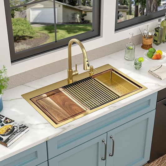33"x19" Drop In Workstation Kitchen Sink – Brushed Gold NANO-PVD, 16 Gauge T304 Stainless Steel, Single Bowl Luxury Top Mount Sink with Faucet Combo & Soap Dispenser