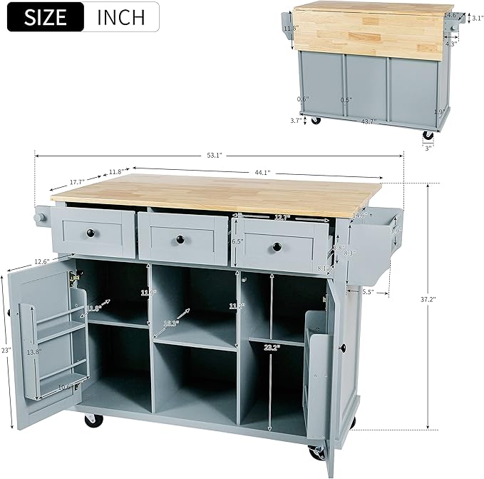 Kitchen Island with Storage and 3 Drawers on Wheels, Rolling Kitchen Cart with Wooden Drop-Leaf Countertop and Towel Rack, Adjustable Shelf Inside Cabinet,Gray Blue