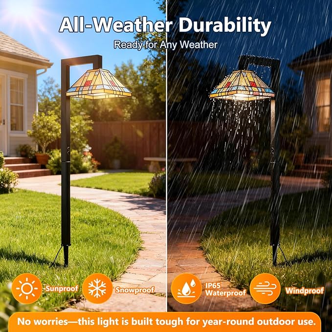 Low Voltage Landscape Lighting, 3W LED Pathway Lights with Handmade Tiffany Glass, 12V Waterproof Outdoor Lights for Garden, Yard, Walkway (2 Pack)