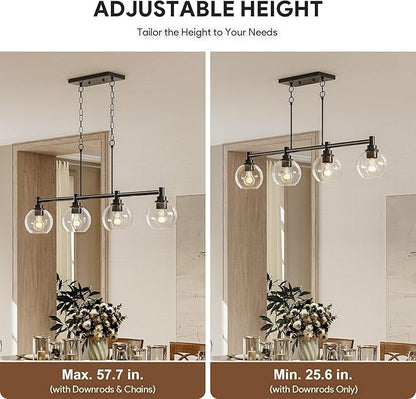 VONLUCE Dining Room Light Fixture Over Table, 4-Light Kitchen Island Lighting with Round Glass Shades & Adjustable Hanging Heights, Linear Chandlier for Dining Room Kitchen, Black, ETL Certificated