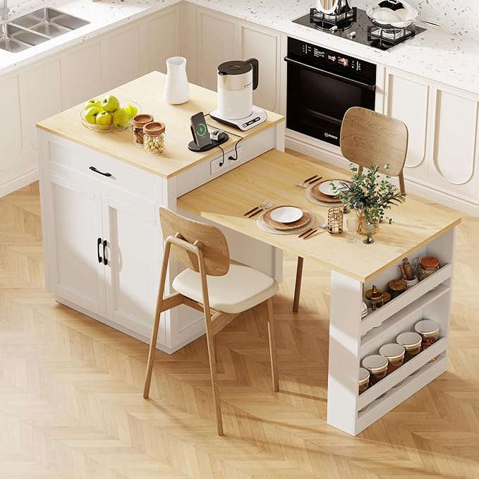Modern Dining Table 82.7 Inch Kitchen Island with Extendable Table for 4-6 Person, Two-Tone Wood Console with Power Outlet, Counter for Living Room,White-Wood