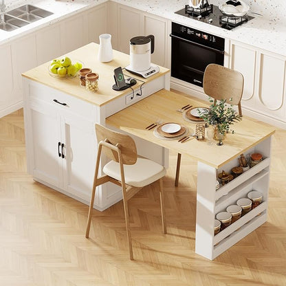 Modern Dining Table 82.7 Inch Kitchen Island with Extendable Table for 4-6 Person, Two-Tone Wood Console with Power Outlet, Counter for Living Room,White-Wood