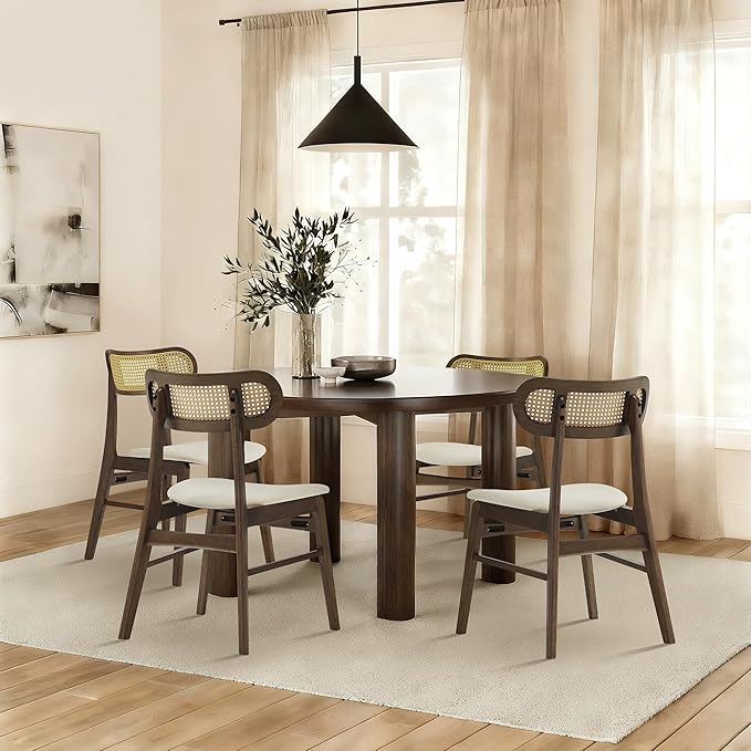 KISLOT Wooden Dining Chairs Set of 4, Upholstered Modern Dining Room Chairs, Mid Century Oak Wood Kitchen Chairs with Rattan Backrest for Farmhouse, Kitchen, Restaurant (Cream Fabric & Walnut Color)