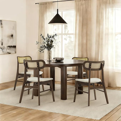 KISLOT Wooden Dining Chairs Set of 4, Upholstered Modern Dining Room Chairs, Mid Century Oak Wood Kitchen Chairs with Rattan Backrest for Farmhouse, Kitchen, Restaurant (Cream Fabric & Walnut Color)
