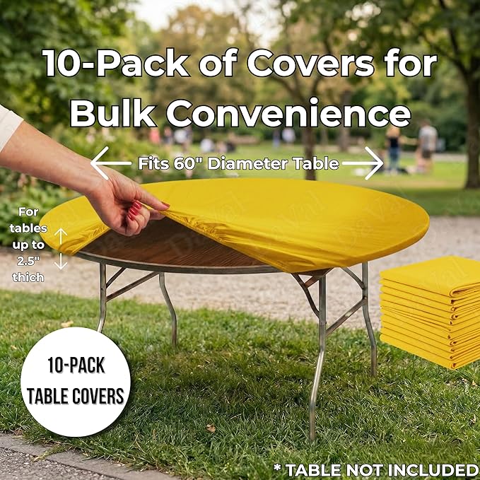 Kwik-Covers 10 Pack of Round Plastic Table Covers - 60" or 72" Round - Indoor or Outdoor Fitted Covers (Tables NOT Included) (Yellow, 60" Round)