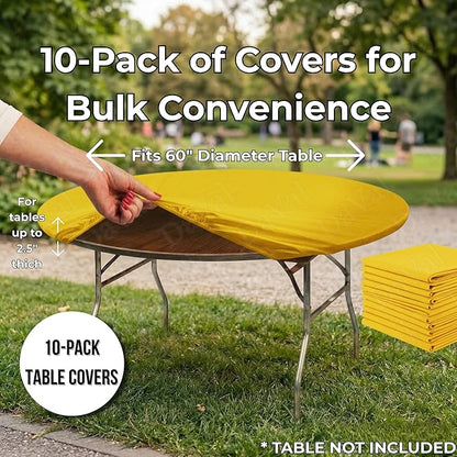 Kwik-Covers 10 Pack of Round Plastic Table Covers - 60" or 72" Round - Indoor or Outdoor Fitted Covers (Tables NOT Included) (Yellow, 60" Round)