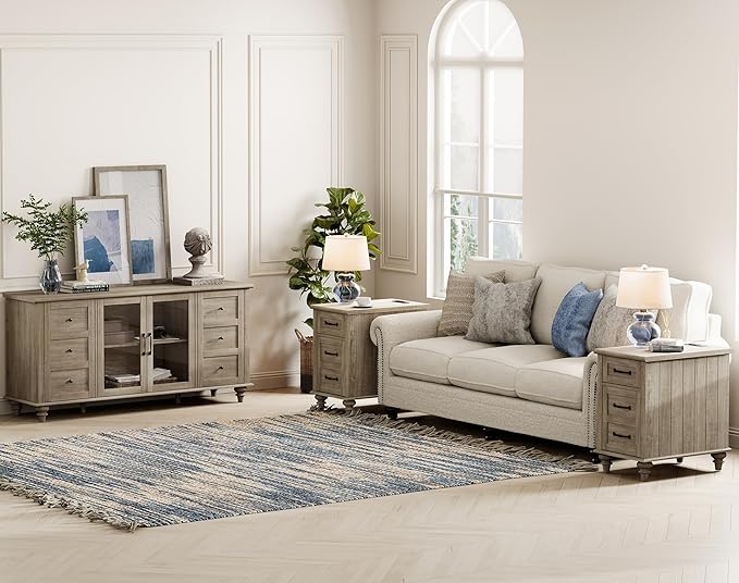 WAMPAT Farmhouse Sideboard Buffet Cabinet with Glass Door & Adjustable Shelf, Wooden Coffee Bar Table with Solid Wood Leg, Kitchen Storage Cabinet for Dining Room, Grey, 58 Inch