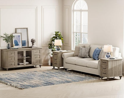 WAMPAT Farmhouse Sideboard Buffet Cabinet with Glass Door & Adjustable Shelf, Wooden Coffee Bar Table with Solid Wood Leg, Kitchen Storage Cabinet for Dining Room, Grey, 58 Inch