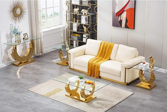 HomVent Glass Coffee Table Set, 2 End Tables Living Room Set of 3, 3 Piece Modern Gold Tempered Glass Top Side Tables Bedroom Set of 3 Rectangle Dinner Center Bedside Sets for Living Room Bedroom