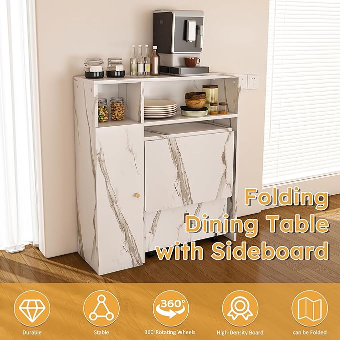 Multifunctional Convertible Dining Table Console Cabinet Workstation with Integrated Outlet Storage Shelves Silent Locking Wheels Space-Saving Foldaway Tabletop for Apartment Kitchen Home (White)