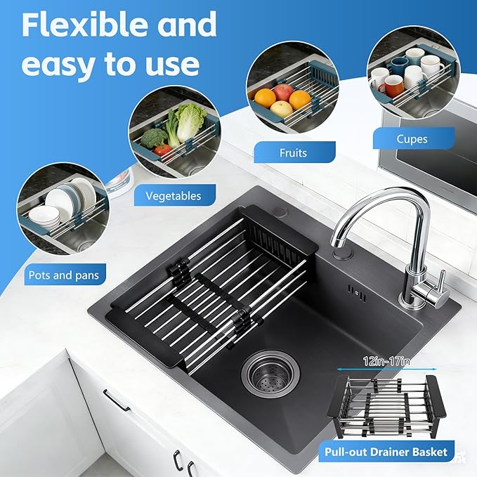 Black Kitchen Sink, Stainless Steel Single Bowl Sink, Drop In/Topmount Workstation Sink with Retractable Drain Basket, for Bar, Kitchen, Balcony, RV (21.6 * 17.7in)