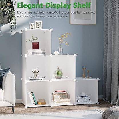 C&AHOME 6-Cube Storage Organizer, Stackable Storage Cubes Shelves, Portable Bookshelf, Plastic Clothing Storage Closet Organizer, DIY Modular Shelving Units for Wardrobe, Home, Milky