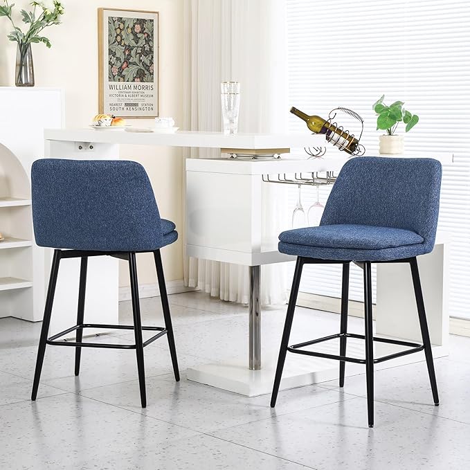 Counter Height Swivel Bar Stools Set of 2, 360° Swivel Upholstered Barstools with Back and Metal Legs, 25.6" Seat Height,Counter Stools for Kitchen Island and Pub,Linen Cloth,for Living Room