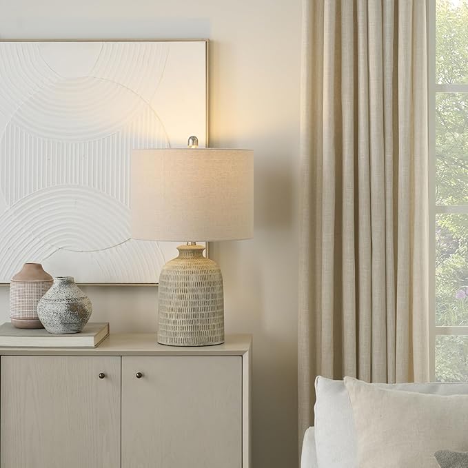 Nourison Home 24" Eggshell (Beige) Textured Honeycomb Cottage Farmhouse Table Lamp for Bedside Table, Living Room, Dining, Entryway