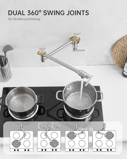 Fransiton Pot Filler, Brushed Nickel Pot Filler Faucet Wall Mount, Brass Folding Stretchable with Double Joint Swing Arm Single Hole Two Handles Kitchen