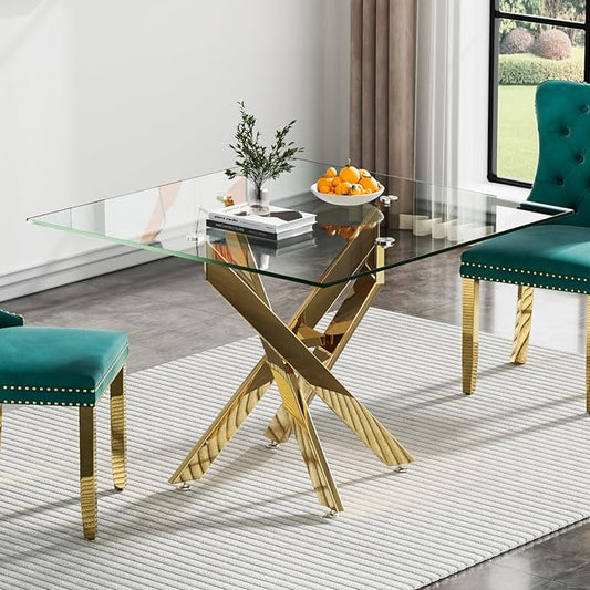 SSLine 35.4" Square Glass Dining Table for 2-4 Modern Clear Glass Tabletop Kitchen Table for 4 Luxury Dinner Tables with Gold Metal Legs for Home Kitchen Dining Room(Table Only)