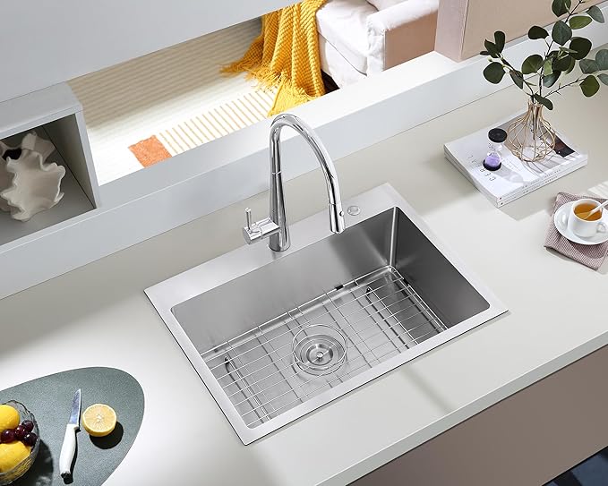 27 Inch Drop in Kitchen Sink - MENATT 18 Gauge Stainless Steel 2 Holes Single Bowl Topmount Kitchen Sink Basin Drop in with Drain Strainer & Grid, Brushed