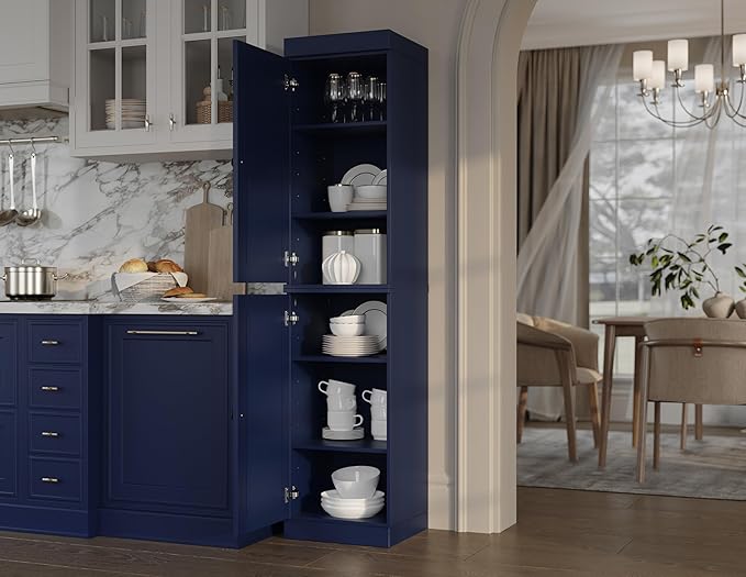 Palace Imports Solid Wood Kitchen Pantry - Narrow Storage Cabinet - Raised Panel Doors, Adjustable Shelves, Navy Blue, 16.5" Wide x 71.5" Tall, 100% Eco-Friendly Wood, Modular Pantry Cabinet Systems