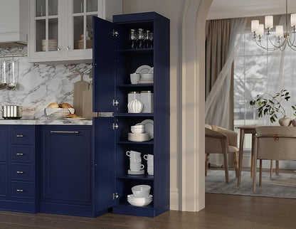 Palace Imports Solid Wood Kitchen Pantry - Narrow Storage Cabinet - Raised Panel Doors, Adjustable Shelves, Navy Blue, 16.5" Wide x 71.5" Tall, 100% Eco-Friendly Wood, Modular Pantry Cabinet Systems