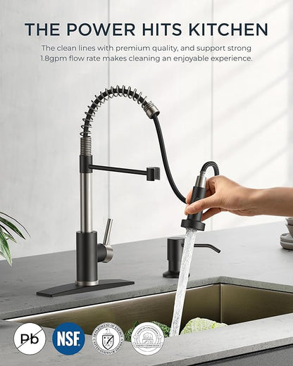 FORIOUS Kitchen Faucet with Soap Dispenser, Stainless Steel Spring Sink Faucet with Pull Down Sprayer Transitional Single Handle for Pot Filler, Farmhouse Camper Bar Laundry Room, Black Brushed