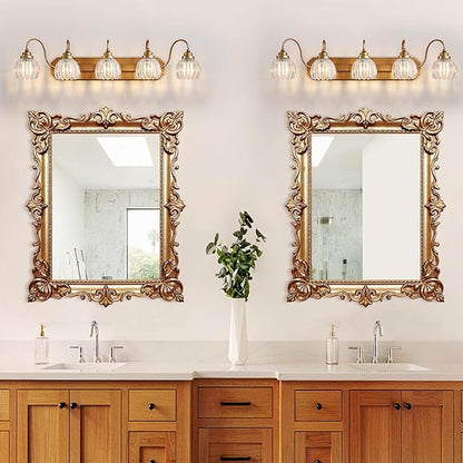 Gold Vanity Light, Vintage Bathroom Light Fixtures, 5-Light Matte Antique Brass Finish with Crystal Glass Shade, Mid Century Style Wall Sconces for Bedroom, Living Room