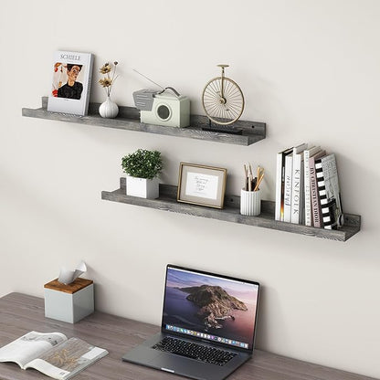 FLYJOE 36 Inches Floating Shelves for Wall, Solid Pine Wood Picture Ledge Shelves, Wall Shelves with Lips, Nursery Book Shelves for Toys Storage Living Room Bedroom Photo Frames (2 Pcs, Grey)