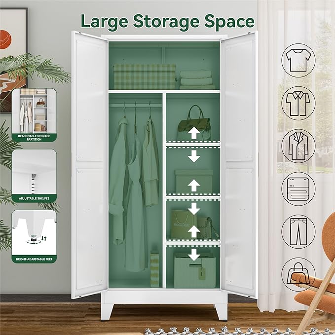 Metal Combination Cabinet, Utility Storage Cabinet with 4 Shelves, Farmhouse Pantry Closet with Doors, 71" Tall Storage Cabinets with Hanging Rod and Clothing Shelf for Hallway Laundry Mudroom