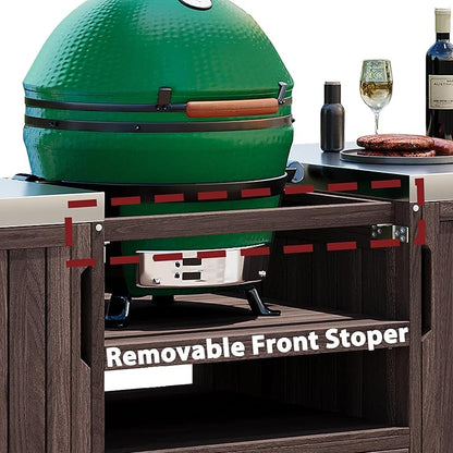 YOPTO Versatile 66.5" Outdoor Grill Cart for Big Green Egg,100% Fir Wood,Stainless Steel Top,Ample Storage,Weatherproof,6 Lockable Wheels,Dark Brown