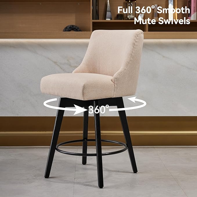 Counter Height Bar Stools Set of 3,Swivel Barstools with Backs and Wood Legs,Linen Fabric Upholstered Counter Stools for Kitchend Island,Mid-Century Modern 26"Seat Height Bar Chairs,Flax Beige