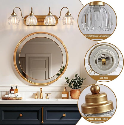 Gold Vanity Light, Vintage Bathroom Light Fixtures, 4-Light Matte Antique Brass Finish with Crystal Glass Shade, Mid Century Style Wall Sconces for Bedroom, Living Room