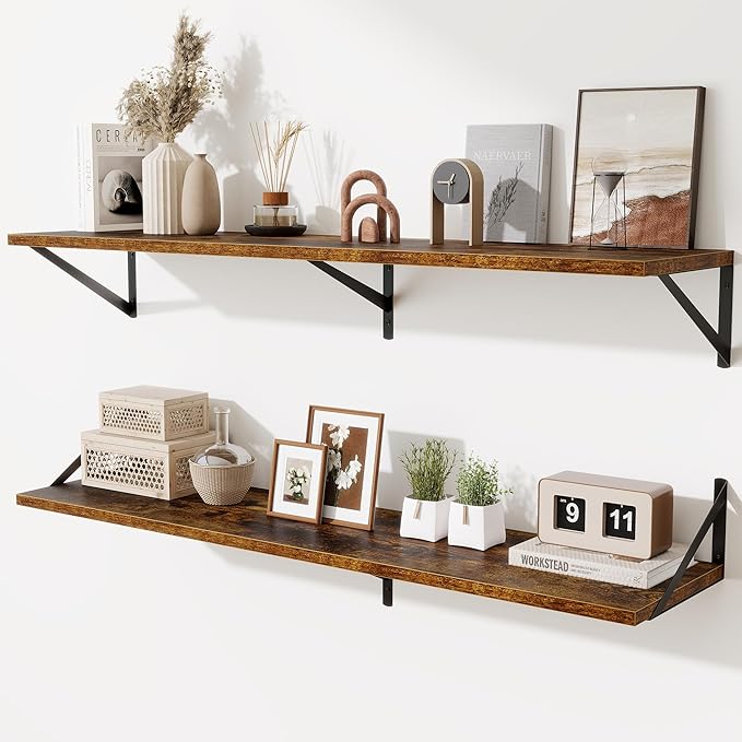 Acovy 48inch Floating Shelves for Wall,10" Deep Floating Shelves with Metal Brackets,Wall Mounted Hanging Floating Shelf,Wide Display Shelves for Living Room,Bedroom,Office,Kitchen,Rustic Brown