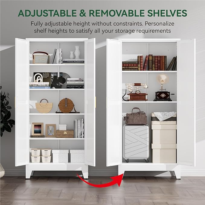Kitchen Pantry Cabinet,71" H x 31.5" W,Metal Farmhouse Storage Cabinet with Adjustable Shelves and Barn Doors,5-Tier Storage Cabinet for Kitchen Dining Room Garage,White 1 Pack