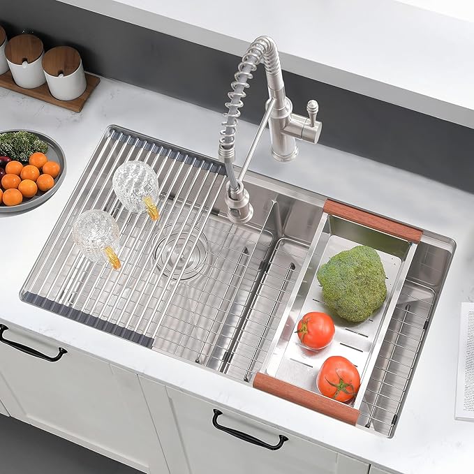 33 Inch Undermount Kitchen Sink Double Bowl - 16 Gauge Stainless Steel Undermount Double Bowl Workstation Kitchen Sink 50/50, 33x19 Inch