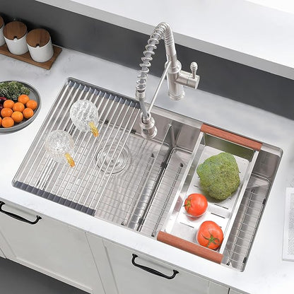 33 Inch Undermount Kitchen Sink Double Bowl - 16 Gauge Stainless Steel Undermount Double Bowl Workstation Kitchen Sink 50/50, 33x19 Inch