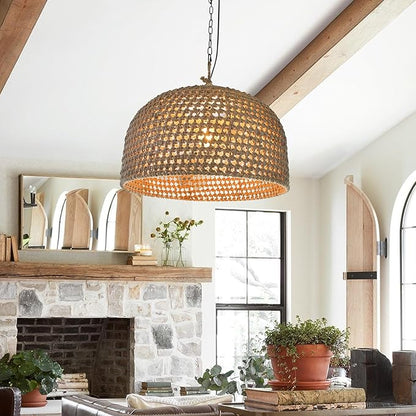 Arturesthome Rustic Woven Dome Pendant Light, Hemp Rope Basket Lampshade Coastal Hanging Lighting Fixture, Adjustable Vintage Farmhouse Chandelierfor Kitchen Island Dining Table Room W 21.6"*H 13.7"