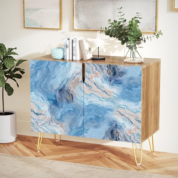 SIGNWIN Sideboard Buffet Cabinet, Kitchen Storage Cabinet with 2 Doors, Blue & Gray Marble Granite Pattern, Cupboard Console Table for Dining Room - 35" L x 18" W x 29" H
