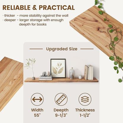 Reclaimed Elm Wood Floating Shelf for Wall, Live Edge 55"W x 9.2"D x 1.4"H, 1 Pack with Invisible Bracket, Large Wall Mounted Shelf for Living Room Bedroom Kitchen Bathroom Decor, Natural Finish
