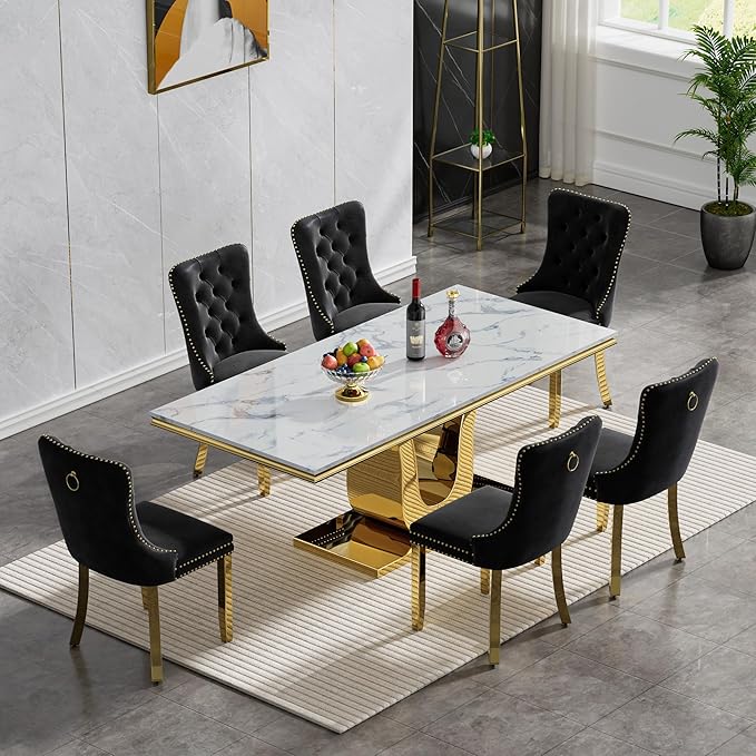 Henf 68" Modern Dining Table for 6, White Marble Kitchen Dining Room Table for 8, Large Rectangular Faux Marble Top and Gold U-Shape Steel Base, Rectangle Pedestal Table for Kitchen, Dining Room