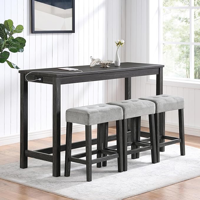 4-Piece Farmhouse Kitchen Table Stool Set with Power Outlets, Industrial Dining Tables with 3 Upholstered Stools, Wooden Counter Table Chairs w/Charging Station&2 USB Ports, Black+Grey